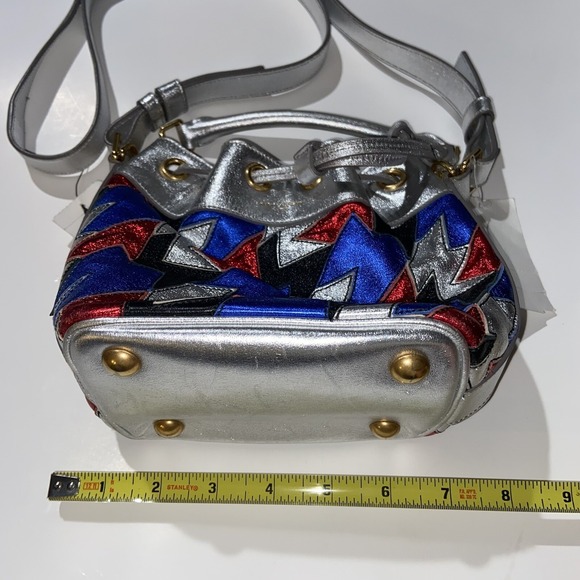 SAINT LAURENT BUCKET BAG PURSE New YSL Yves SILVER RED BLUE LEATHER CROSSBODY - Picture 6 of 11